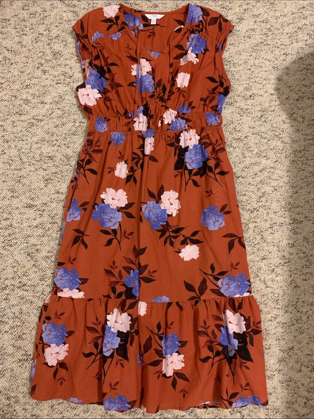Time and Tru Rust Floral Tiered Midi Dress with Blue & Pink Blooms
